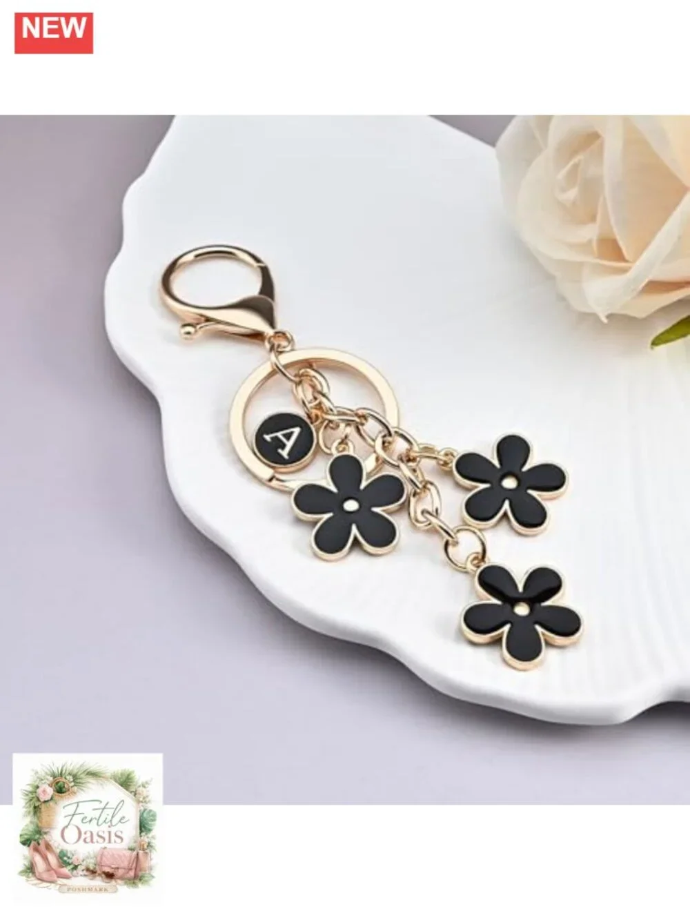 Personalized Initial Keychain with Floral Charm - Zinc Alloy Bag Charm